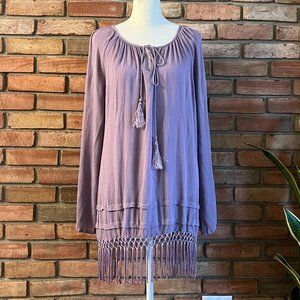 Amanda Blu Dusty Lavender Tunic Length Top with Fringe Bottom and Tie Neck